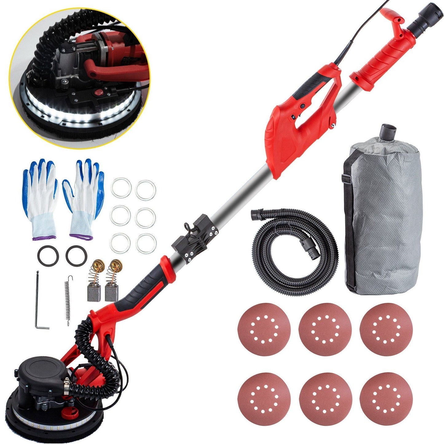 Drywall Sander 850W, Electric Drywall Sander, Variable Speed 800-1750 RPM, Foldable Sheetrock Sander, with Telescope Handle, Electric Sander, with LED Strip Light and Vacuum Bag, Wall Sander