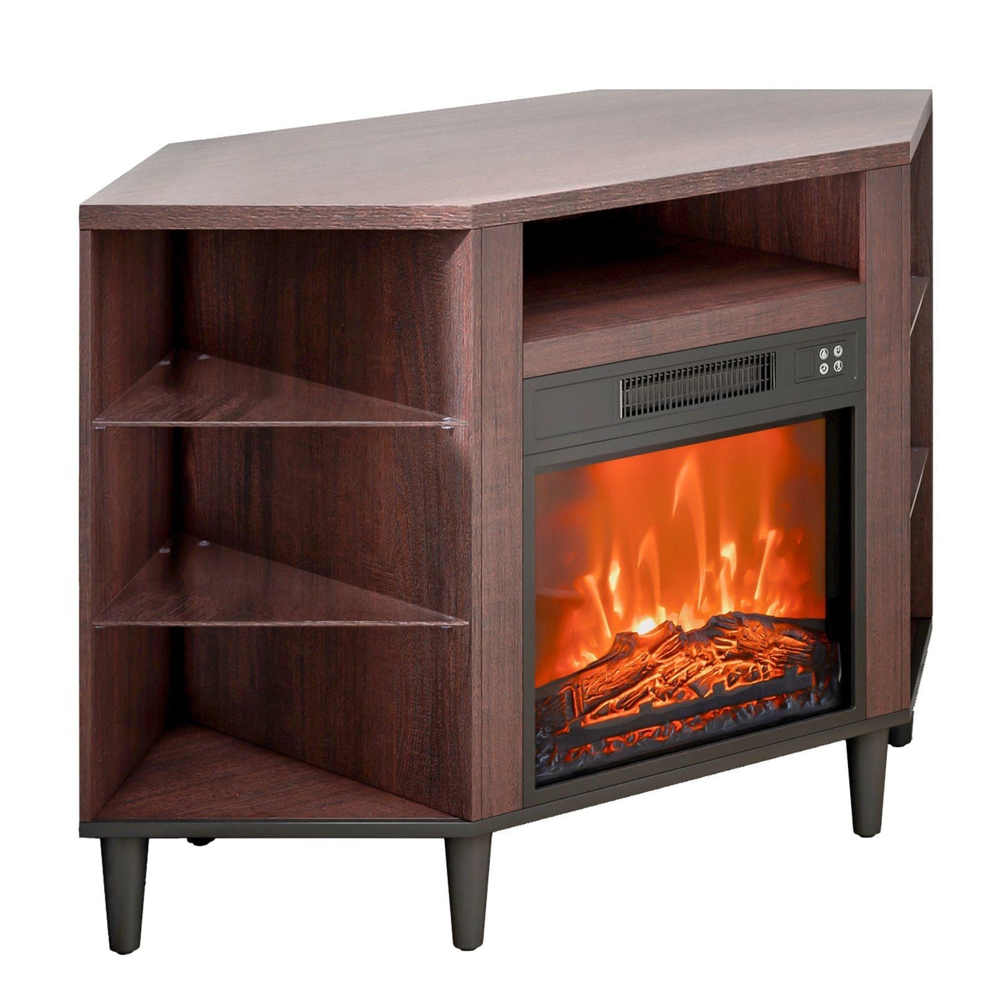 Fireplace TV Stand for TVs 42", Media Storage Corner with 18" Fireplace, Storage Drawers & Cabinets, Pastoral TV Console Table with 20 LED Lights, Remote Control and Timer for Living Room, Brown