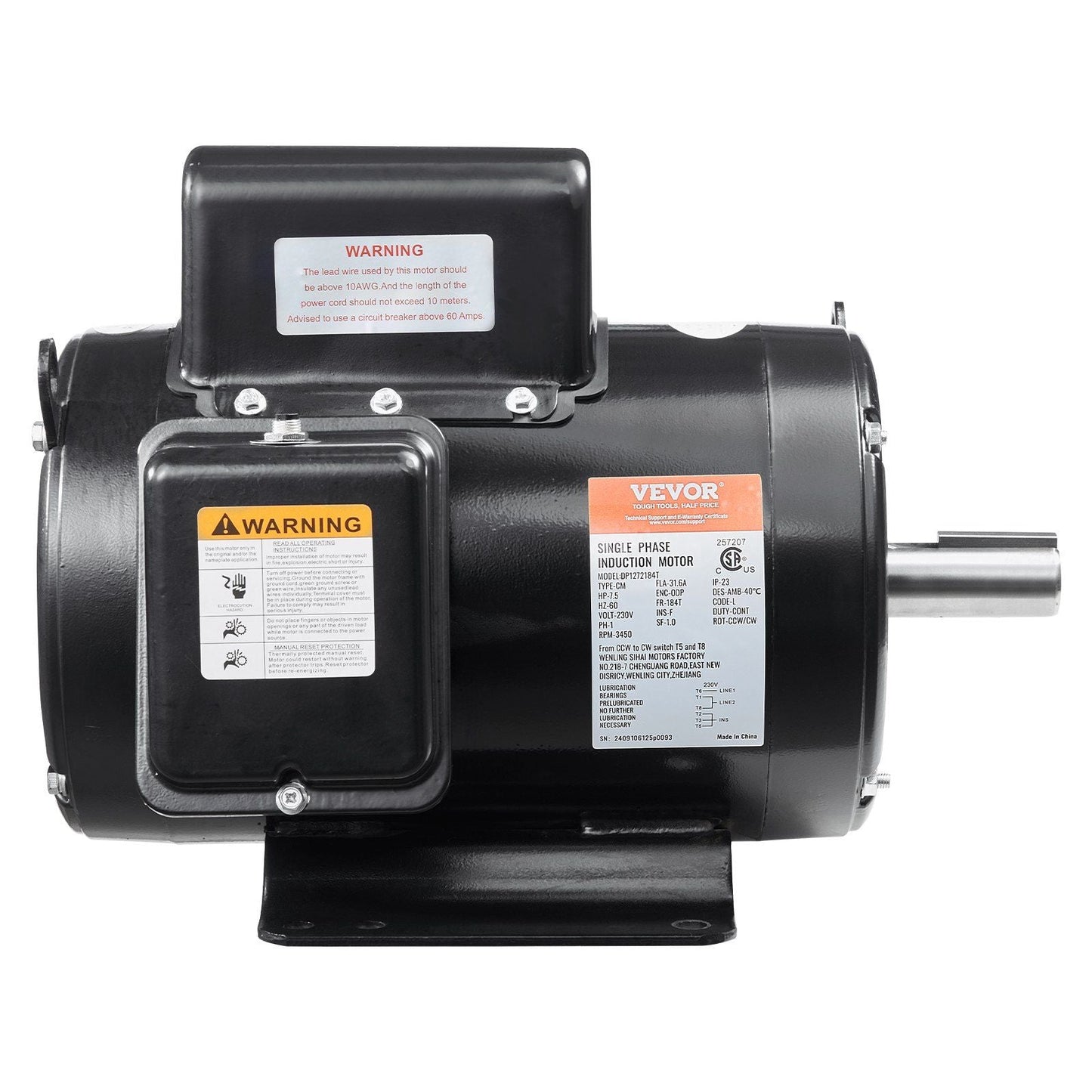 7.5HP Air Compressor Electric Motor 230V 31.6A 3450RPM 184T Frame CW/CCW Rotate