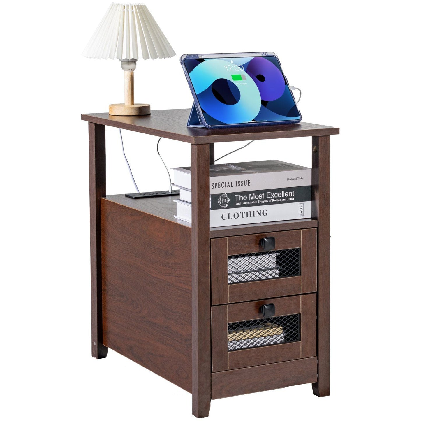 Farmhouse End Table, Narrow Night Stand with USB Ports and Outlets, 4 Tiers End Table Side Table Coffee Table with Storage Cabinet and 2 Drawers, Ideal for Living Room, Bedroom, Office, Brown