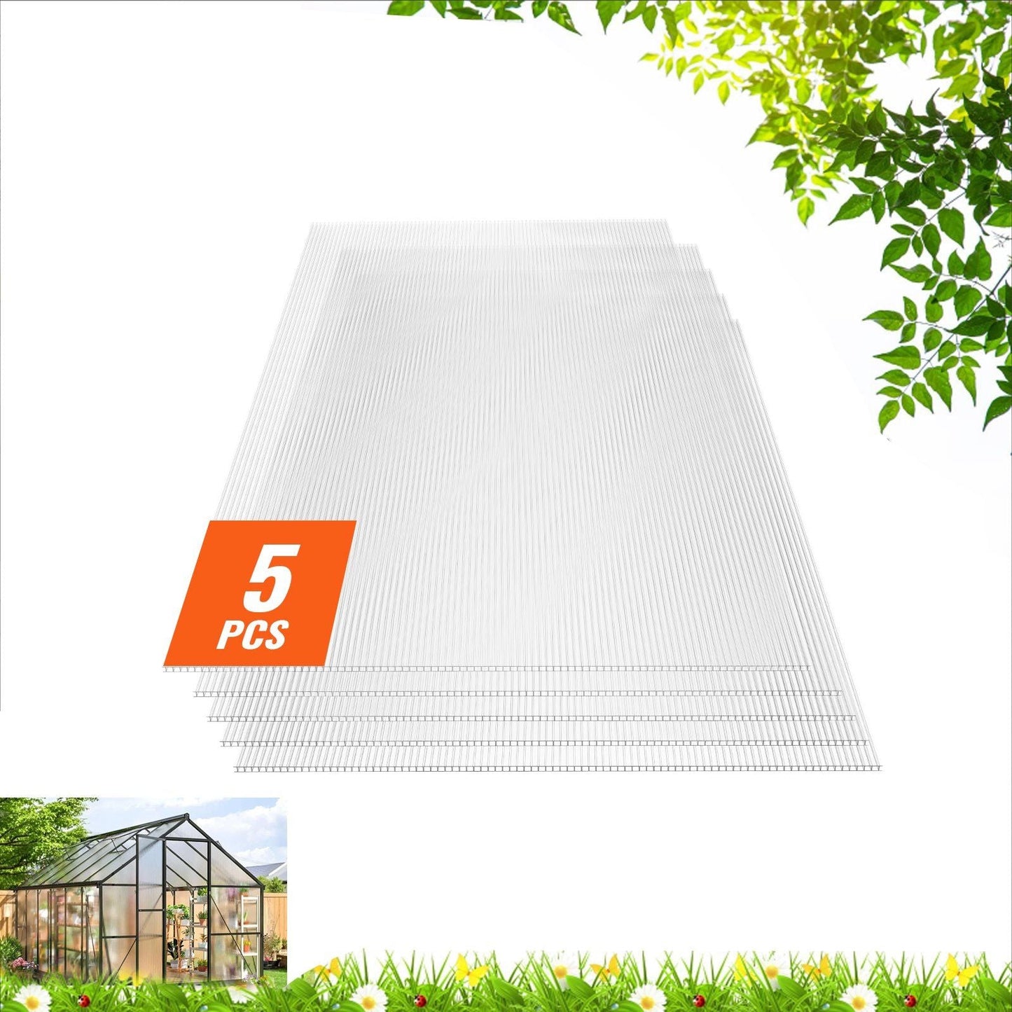5 Pack Polycarbonate Greenhouse Panels 2' X 4' X 0.32'' Roof Sheets