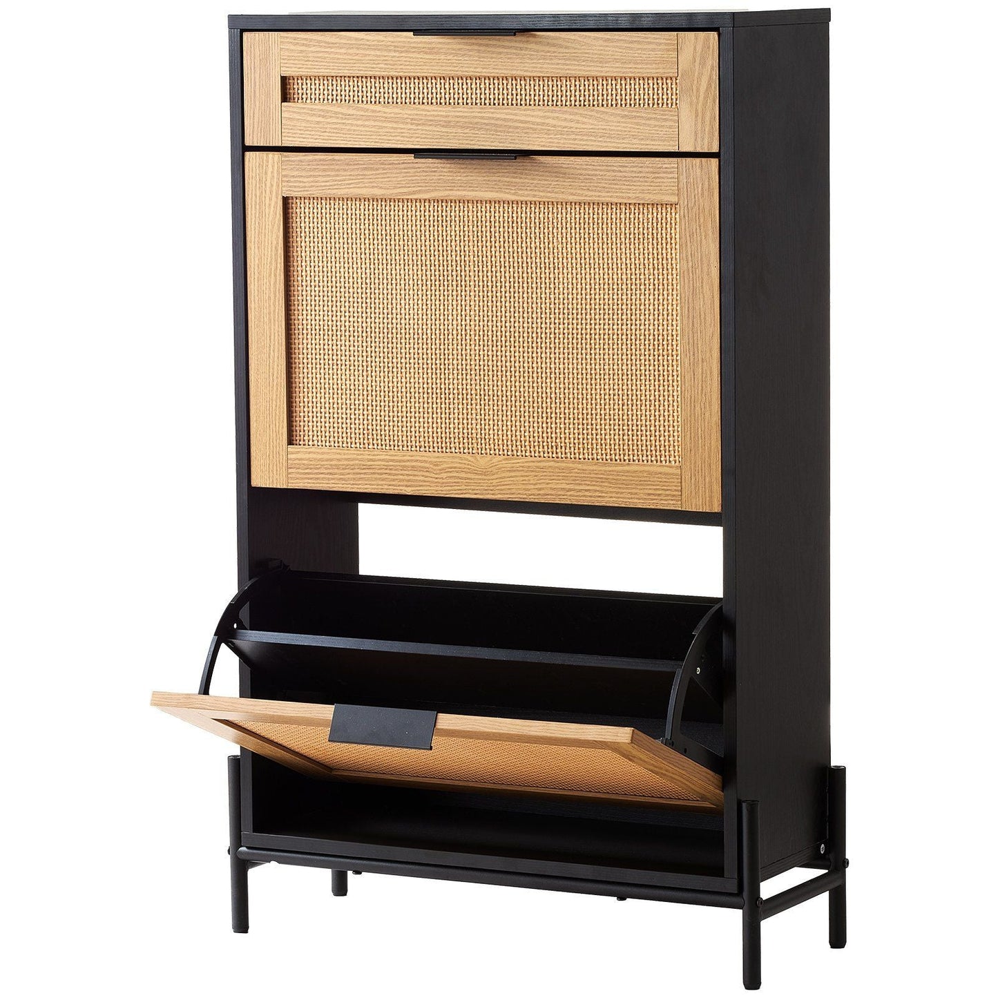 Rattan Shoe Cabinet, Narrow Shoe Storage Organizer with 2 Flip Rattan Drawers & 1 Slide Drawer, Metal Legs, Slim Shoe Entryway Cabinet Ideal for Entryway, Closet, Hallway, Black