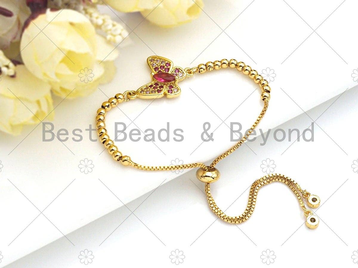 Fuchsia CZ Butterfly Connector, Butterfly Bracelet Link, Butterfly Pendant, Cubic Zirconia Pendant, Gold Tone, 16x18mm, Sku#LK86