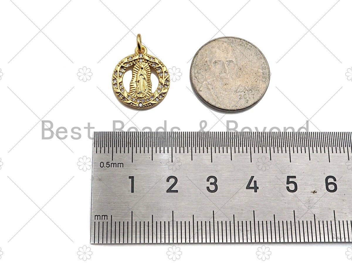 Gold Filled CZ Micro Pave Virgin Mary On Garland Shape Pendant, 18K Gold Virgin Mary Charm, Necklace Bracelet Pendant, 15x18mm, Sku#Y438