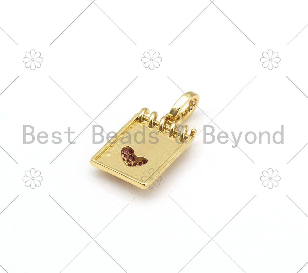 Fuchsia CZ Micro Pave Heart On Calendar Pendant/Charm, 18K Gold Filled Notebook CZ Pendant, Necklace Bracelet Charm Pendant,13x21mm,Sku#L605