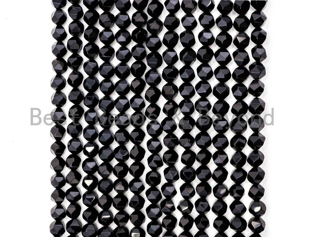 Quality Natural Black Onyx Diamond Cut Beads, 6mm/8mm/10mm/12mm, Round Faceted Black Onyx Gemstone Beads, 15inch strand, SKU#U41