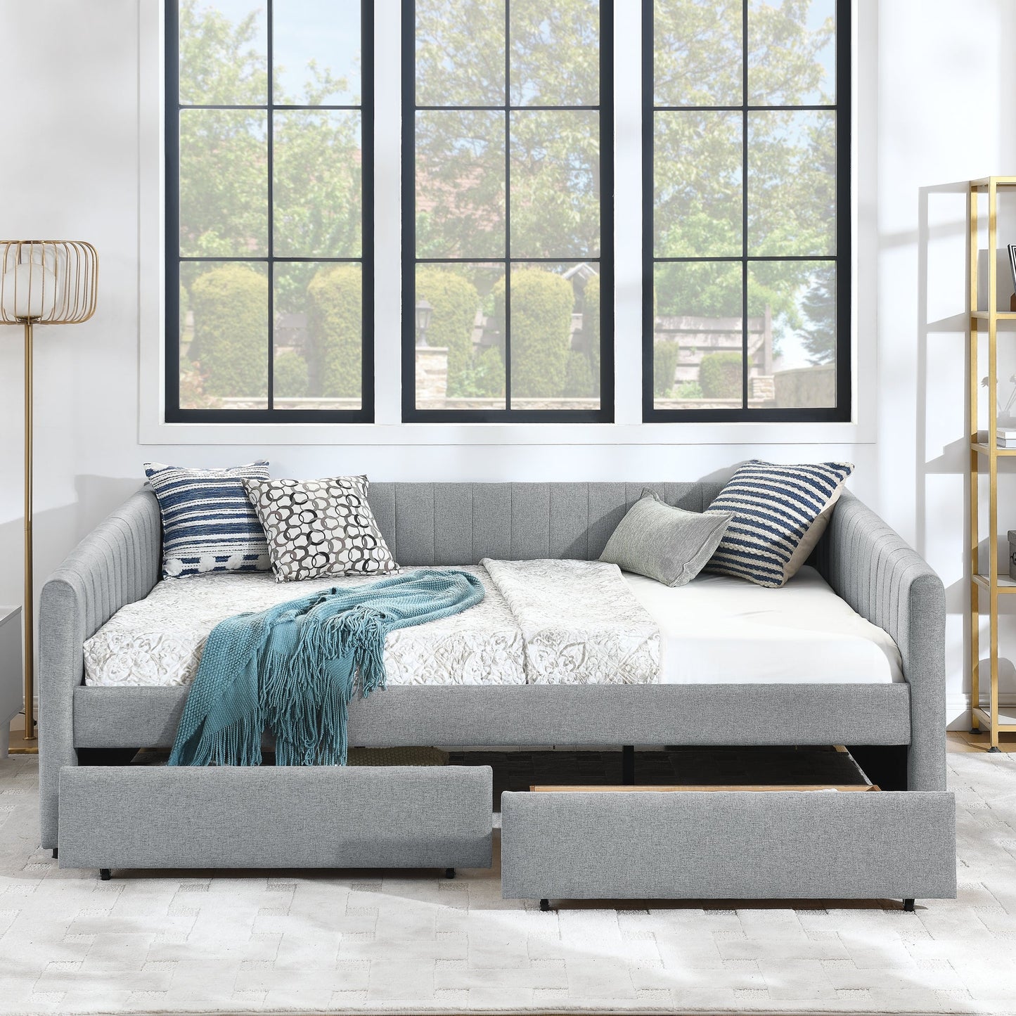 Queen Size Daybed with Two Drawers Trundle Upholstered Sofa Bed