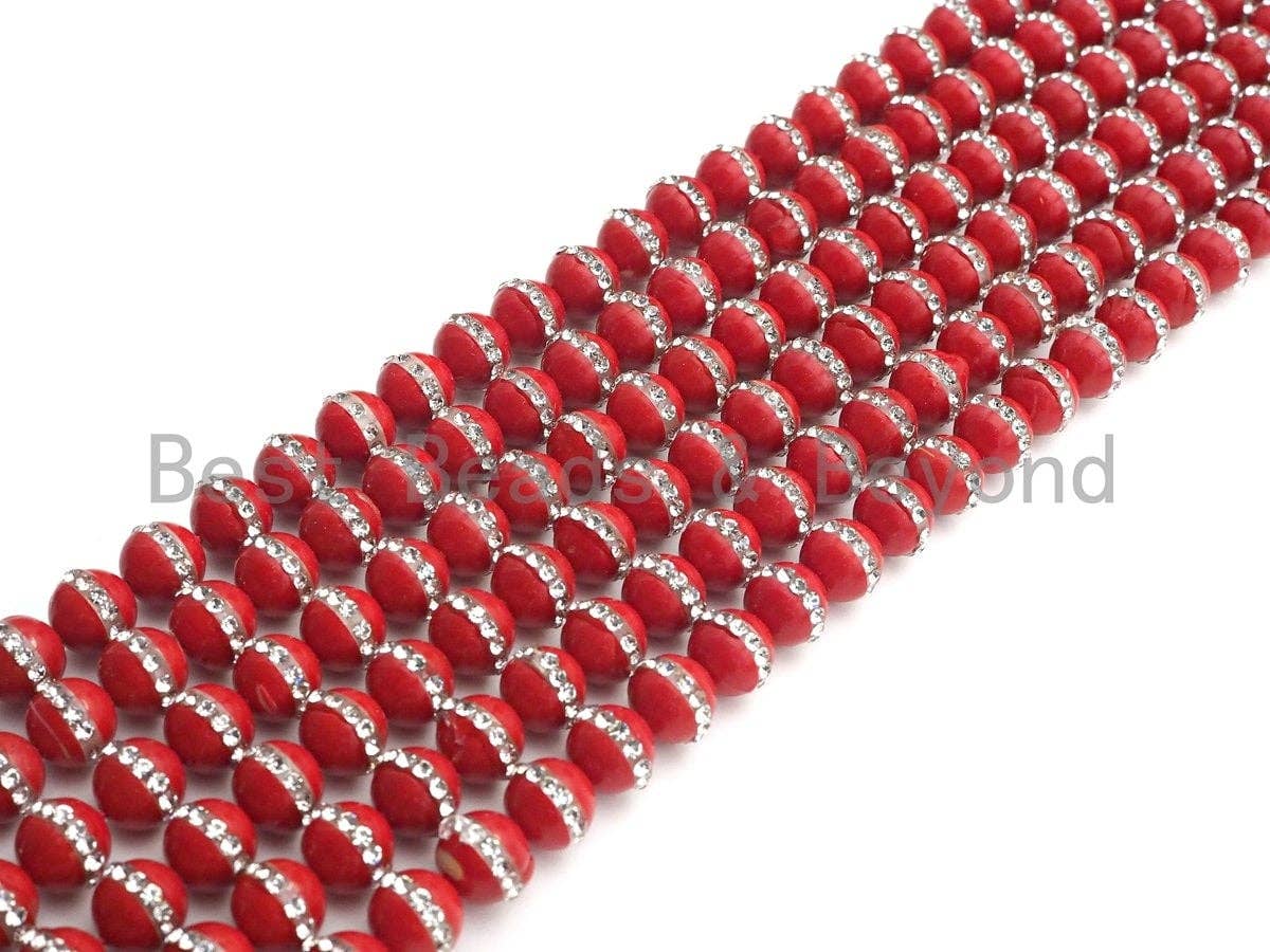6mm/8mm/10mm/12mm RED Pearl with rhinestone inlaid, RED Round Mother of Pearl Beads, 15.5inch Full strand, Sku#V62