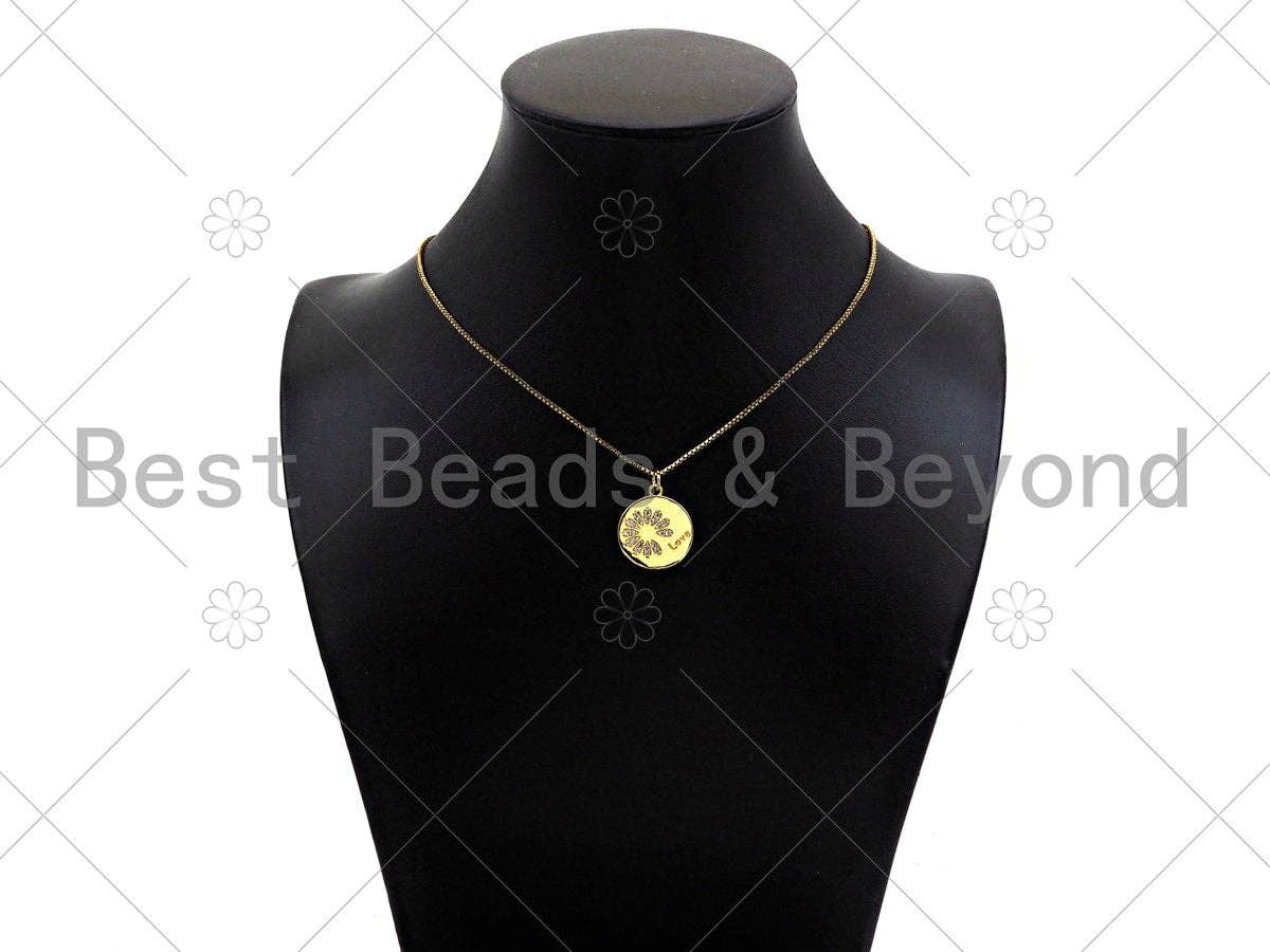 Gold Filled CZ Micro Pave Daisy Flower On Coin Shape Pendant,18K Gold Filled Lover Word Charm, Necklace Bracelet Charm,18x20mm,Sku#LK339