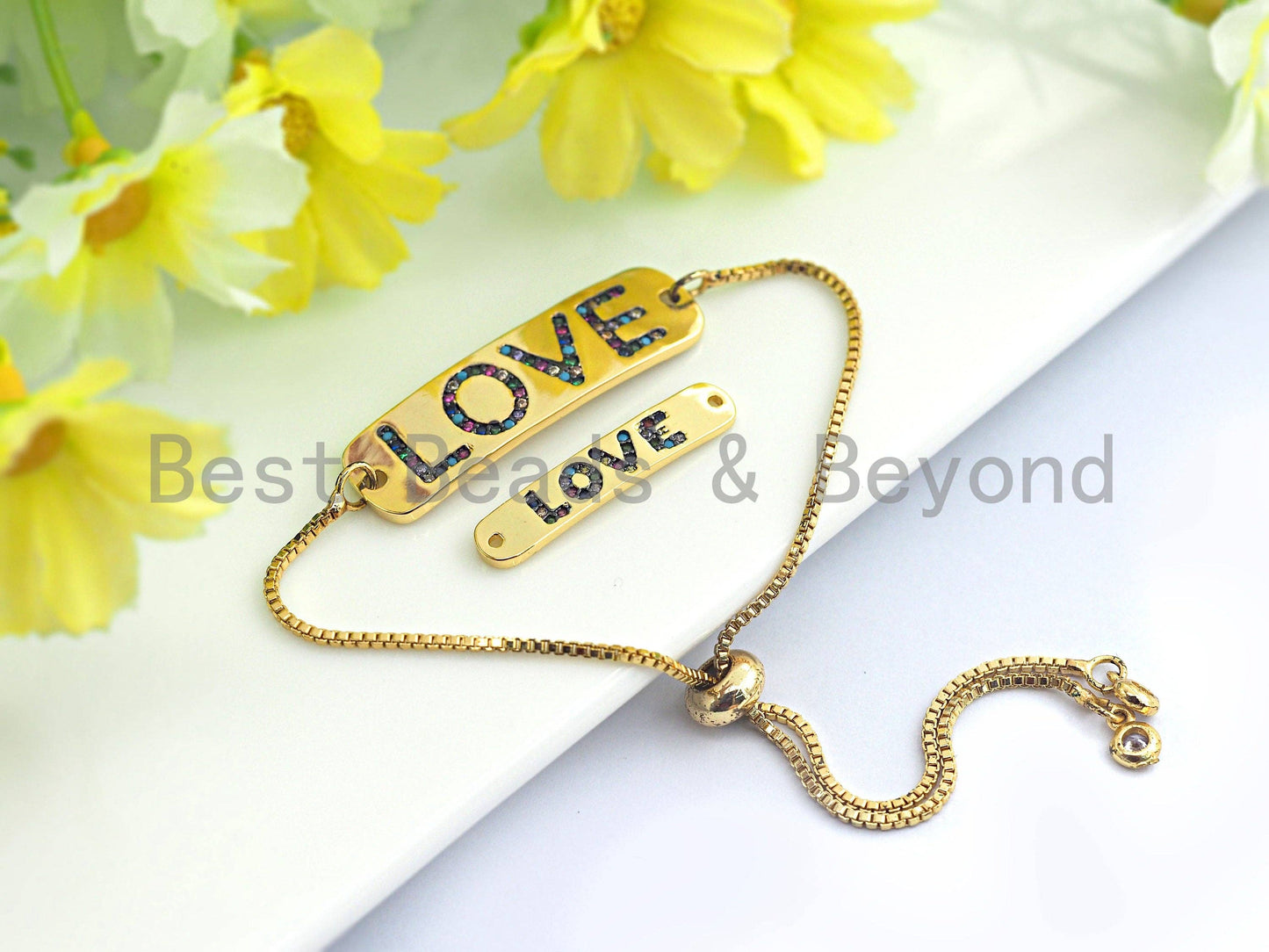 Colorful CZ Micro Pave LOVE Bar Oval Connector/Link, Cz Pave Bracelet Necklace Connector in Gold Finish,5x28/10x37mm,sku#M256