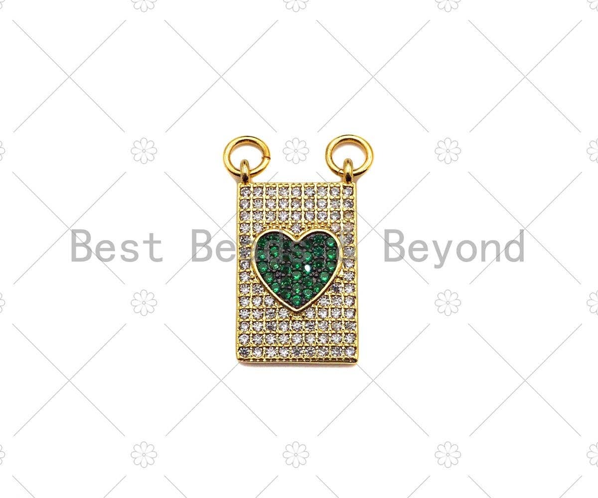 Colorful CZ Micro Pave Heart On Rectangle Shape Pendant, 18K Gold Medallion Charm, Necklace Bracelet Charm Pendant,12x21mm,Sku#LK311