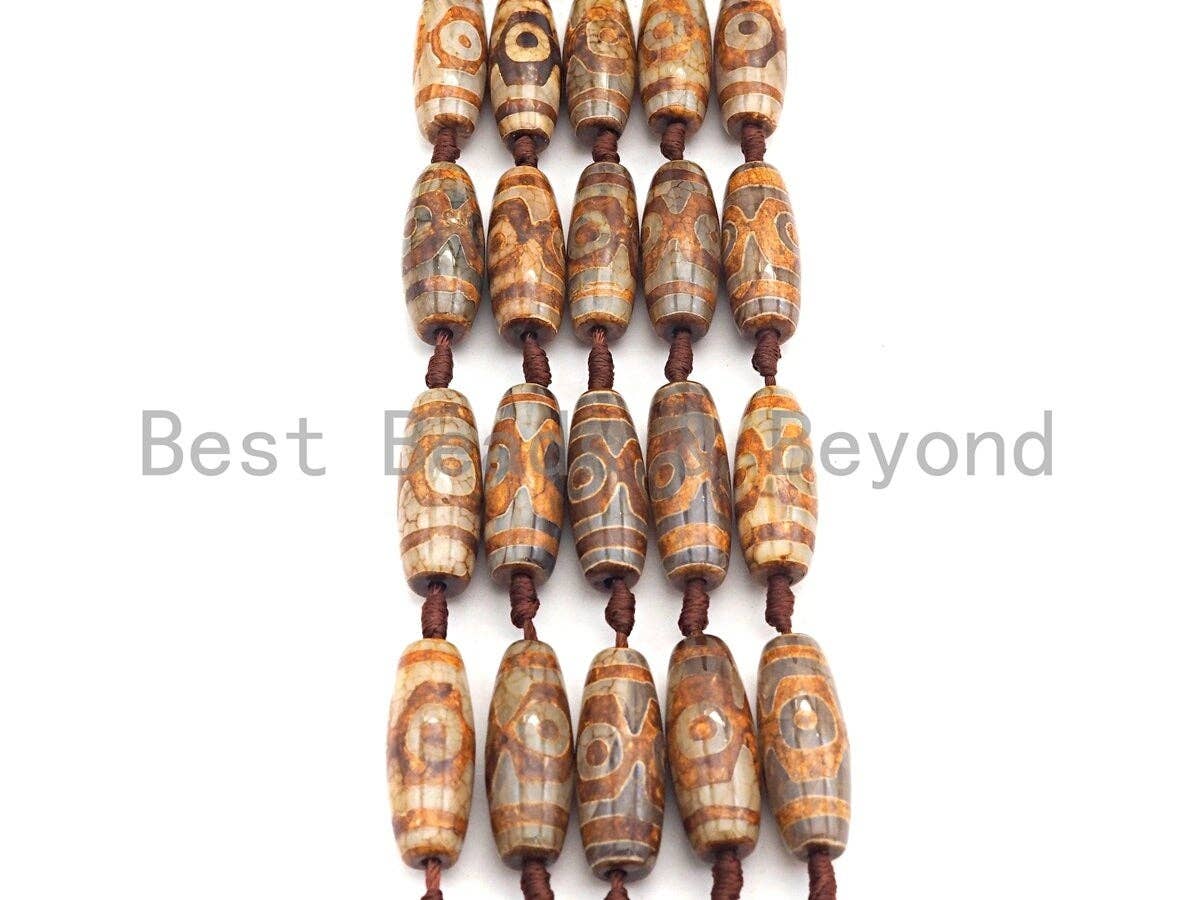1pc/10pcs Natural Tibetan Agate Beads, Brown Tibetan Long Oval Shape Beads, Dzi Eye Agate Beads, 12x30mm, sku#U539