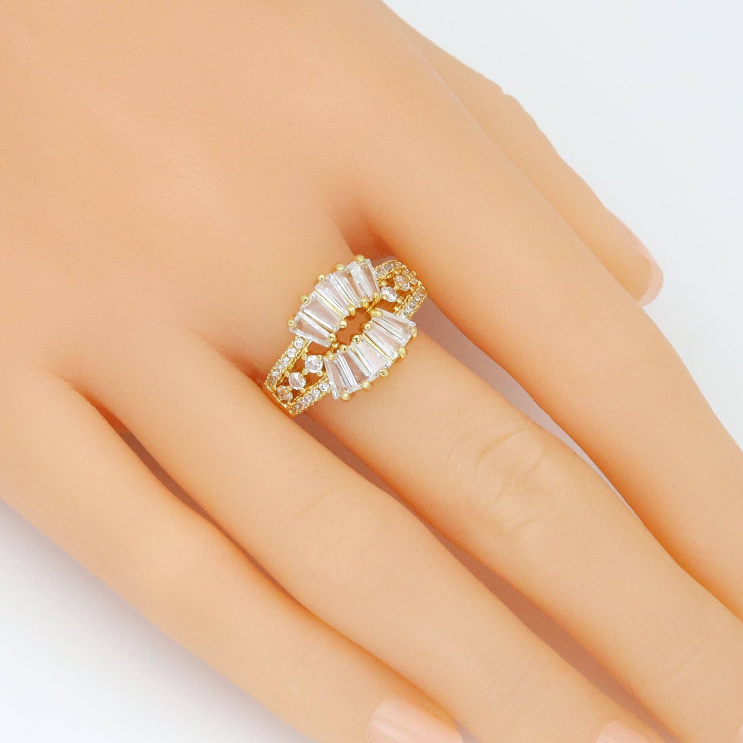 Baguette CZ Feather Shaple Statement Adjustable Ring, Sku#LD614
