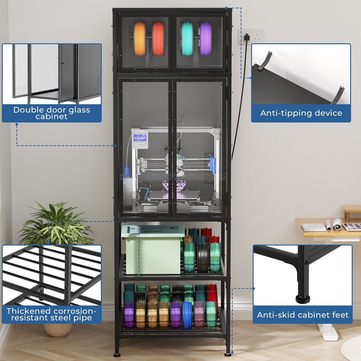 3D Printer Cabinet With Double Layer Filament Storage, T-Shaped Filament Bar, Noise Reducing And Dust Proof Design - Black