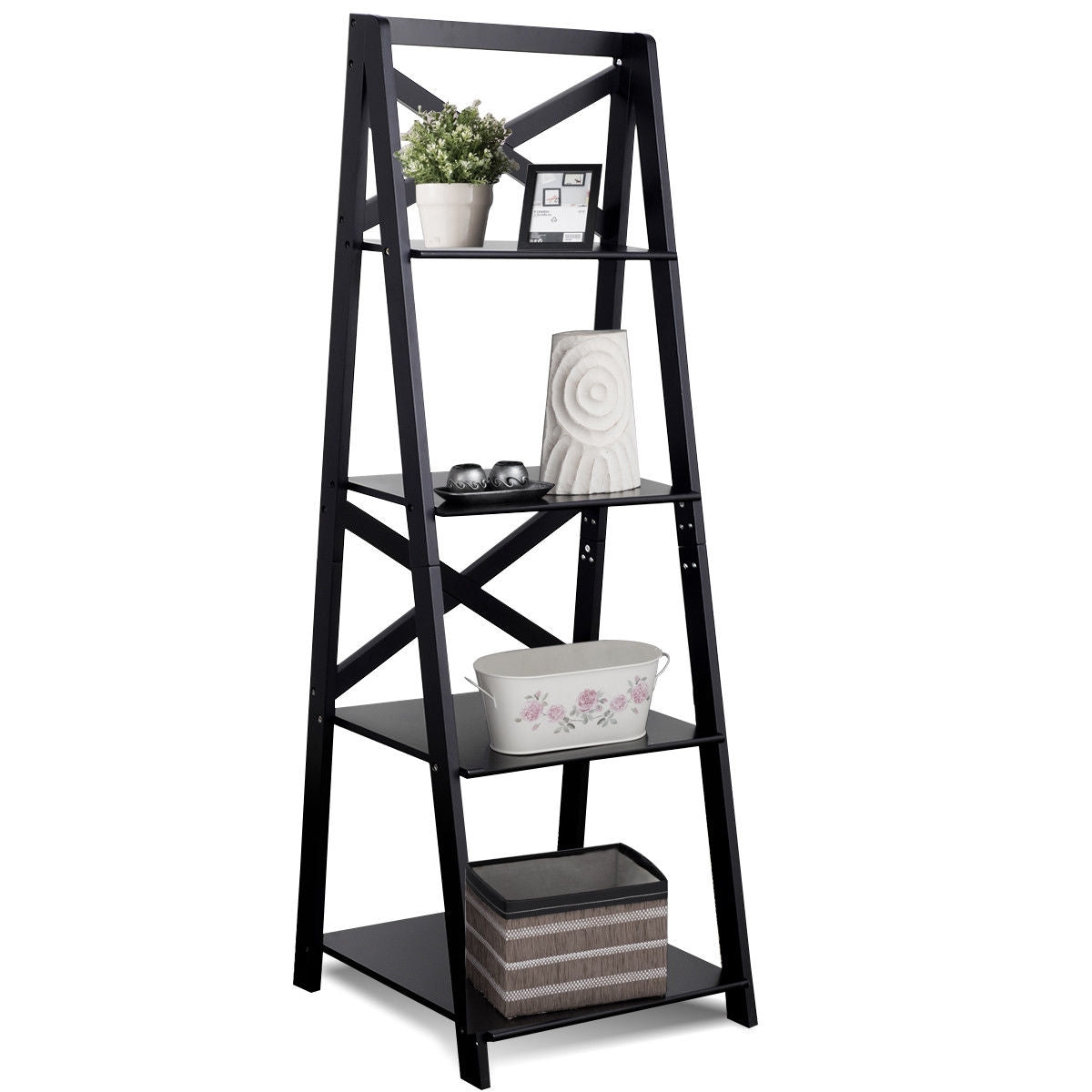 4-tier Leaning Free Standing Ladder Shelf Bookcase-White
