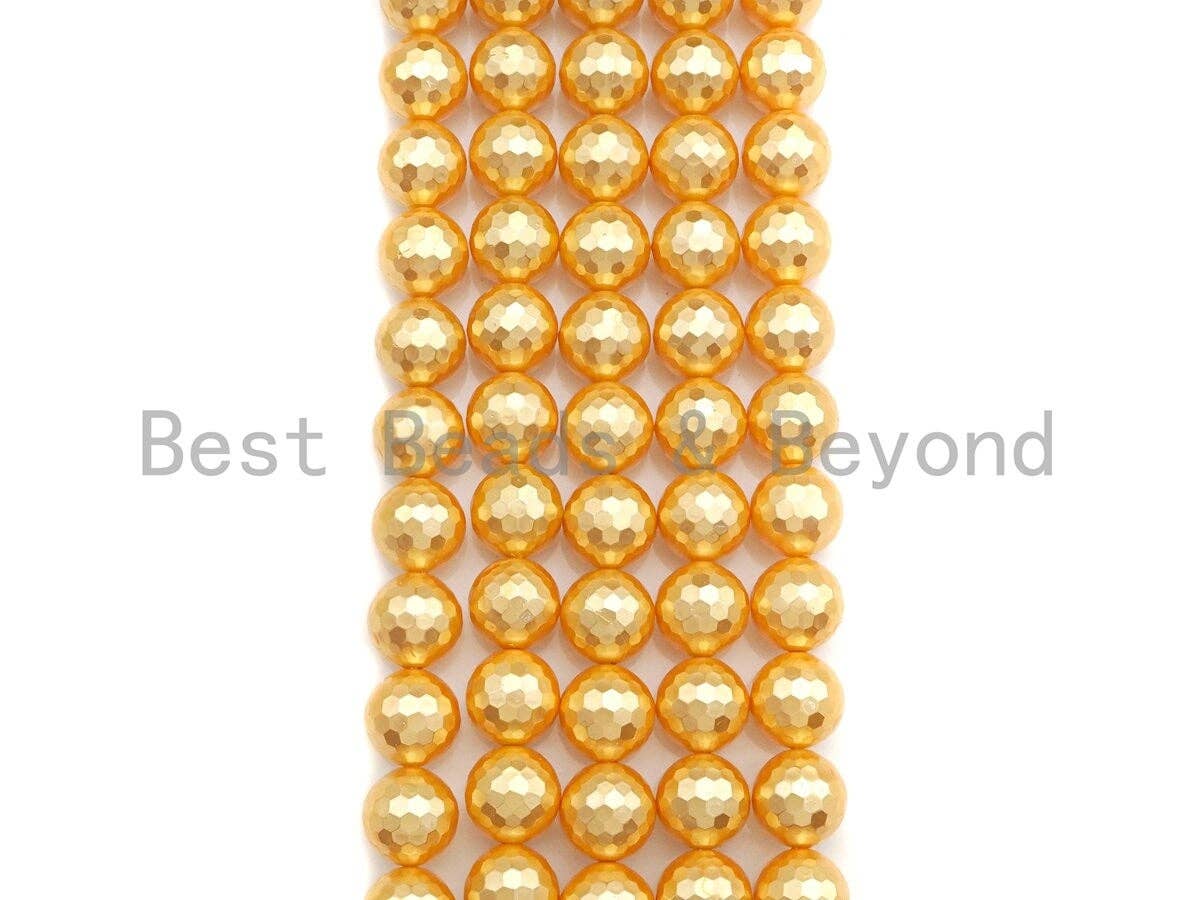 Quality Gold Mother of Pearl beads, 8mm/10mm/12mm Pearl Faceted Round beads, Golden Loose Faceted Pearl Shell Beads, 15.5inch strand, T153