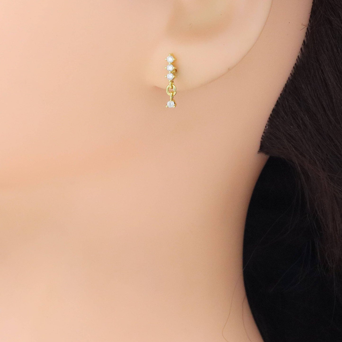 Dainty four Dots Round Triangle CZ Earrings, Sku#A361