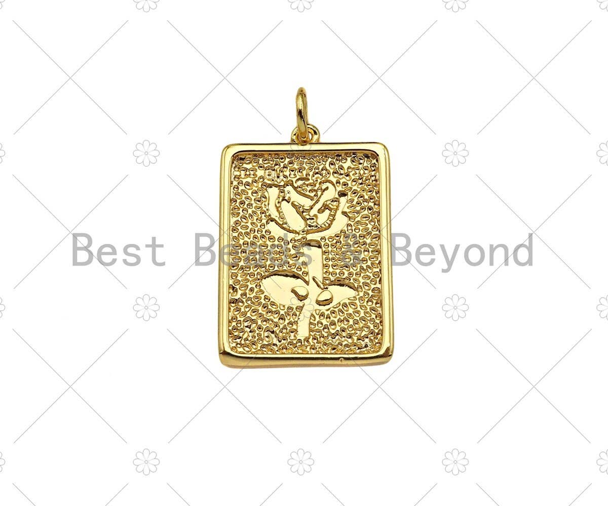Gold Filled Rose Flower On Rectangle Shape Pendant, 18K Gold Filled Medallion Charm, Necklace Bracelet Charm Pendant,15x22mm,Sku#F1398
