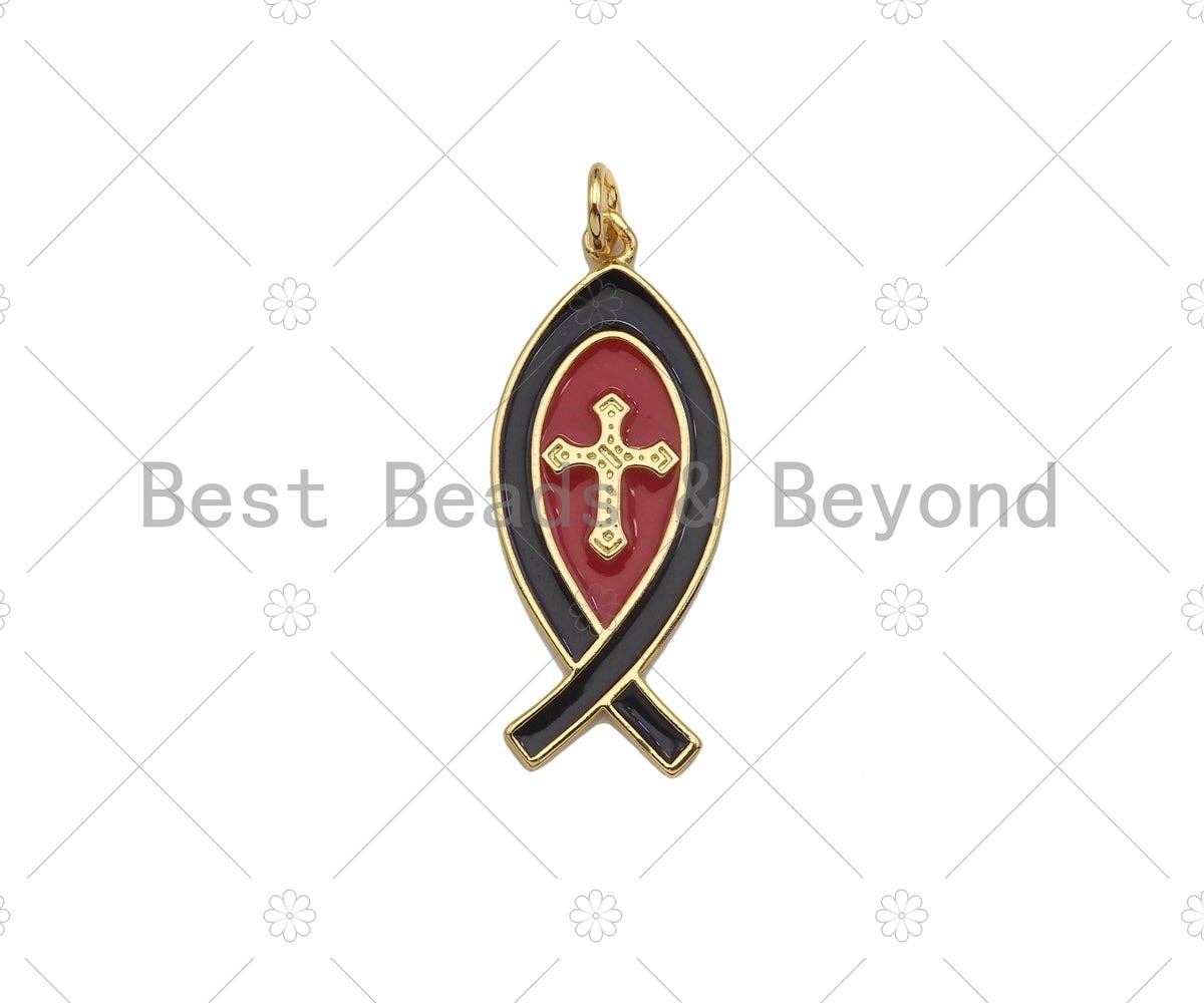 18K Gold Cross On Red/Black Enamel Fish Shape Pendant,Enamel Charm,Enamel Jewelry,13x31mm,Sku#LK303