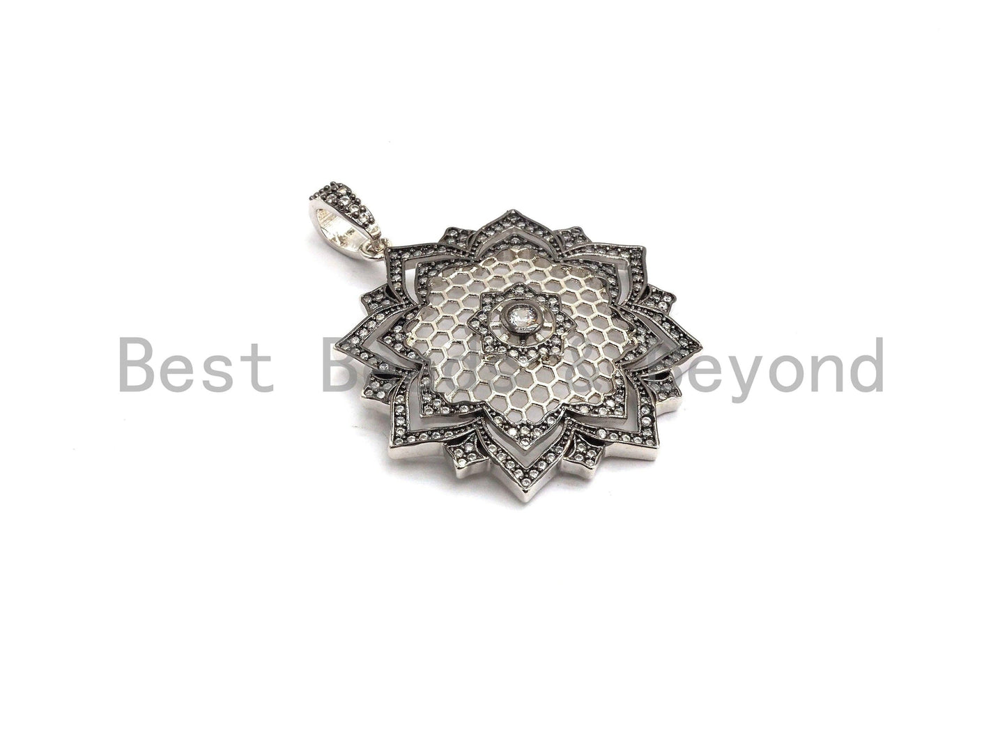 Large CZ Micro Pave Dual Color flower Star Burst Pendant, Cubic Zirconia Rose Gold/Silver/Black Focal Pendant, 36x39mm,sku#F634