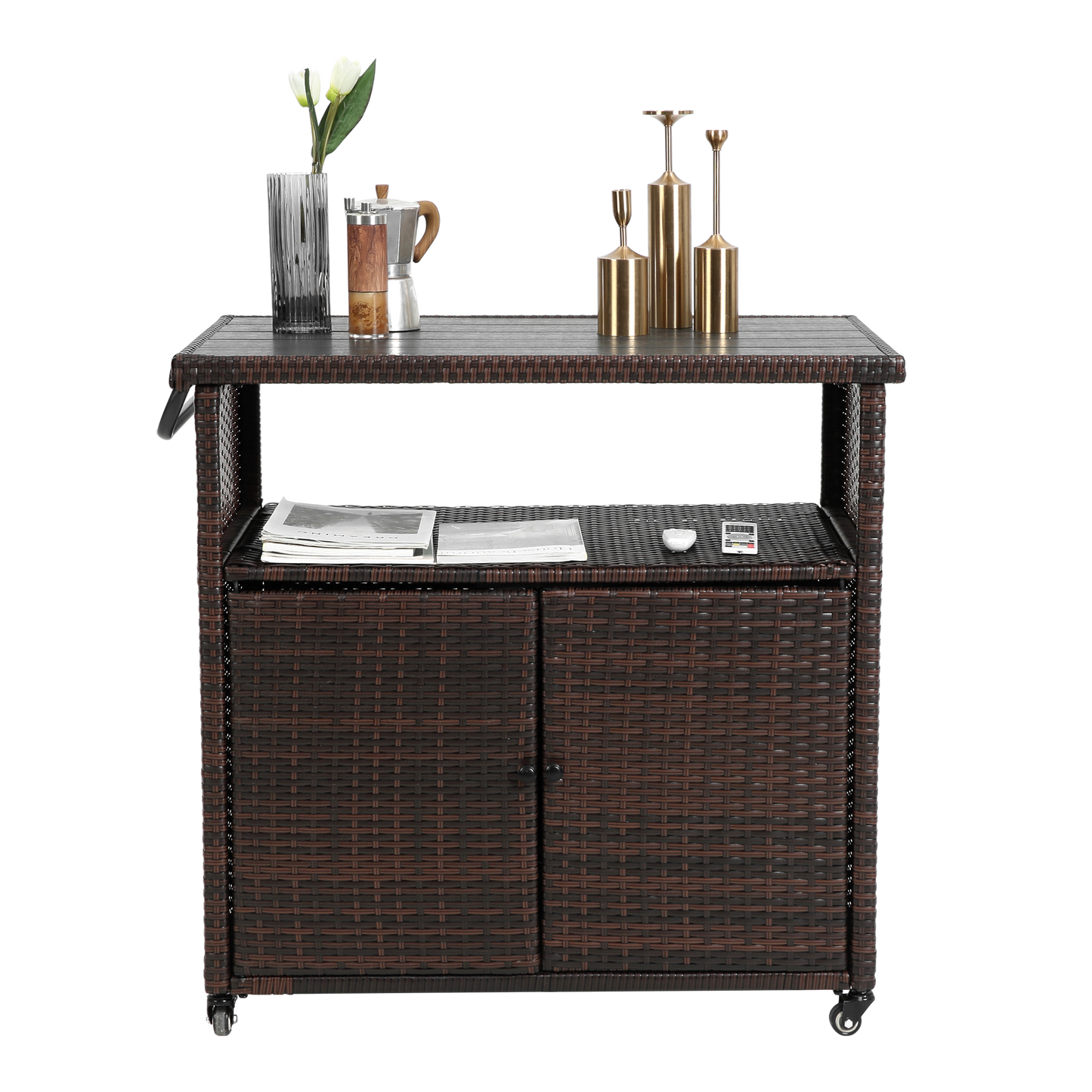 Outdoor Wicker Bar Cart, Patio Wine Serving Cart