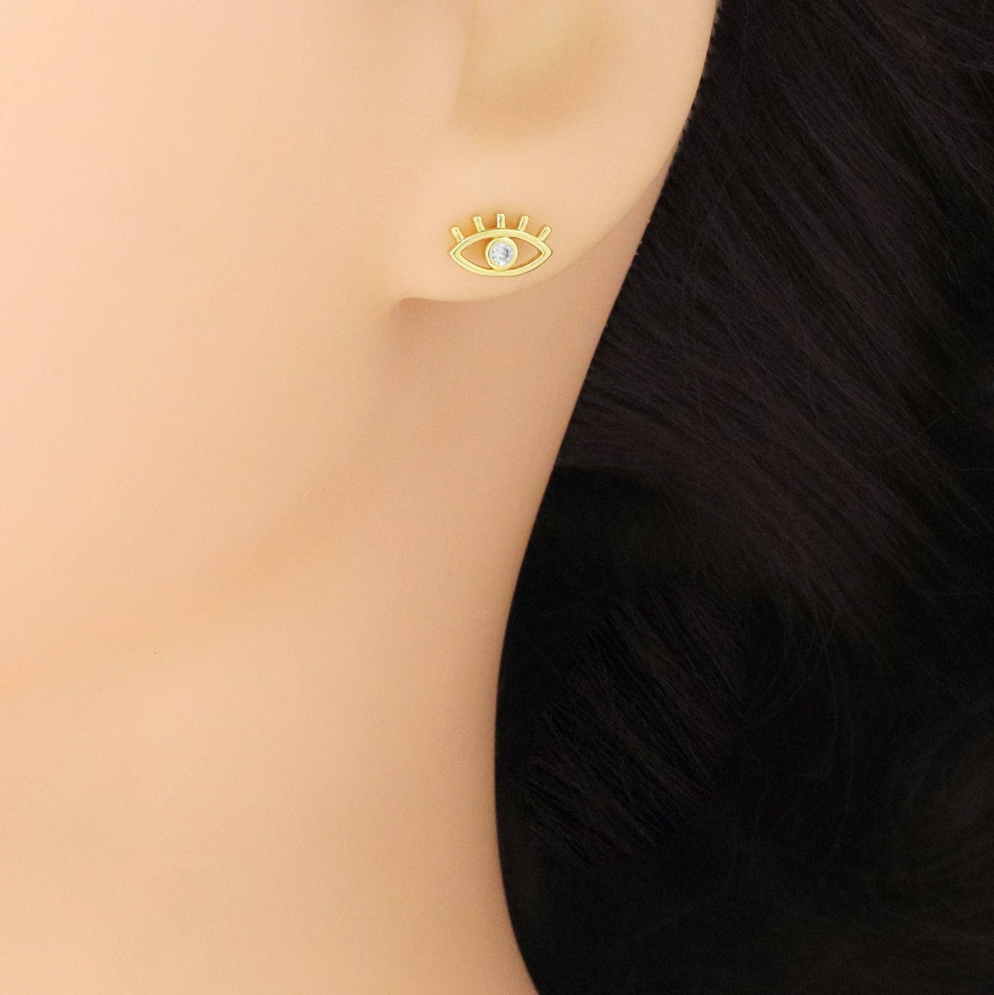 Gold Clear CZ Evil Eye Stud Earrings, Sku#LK947