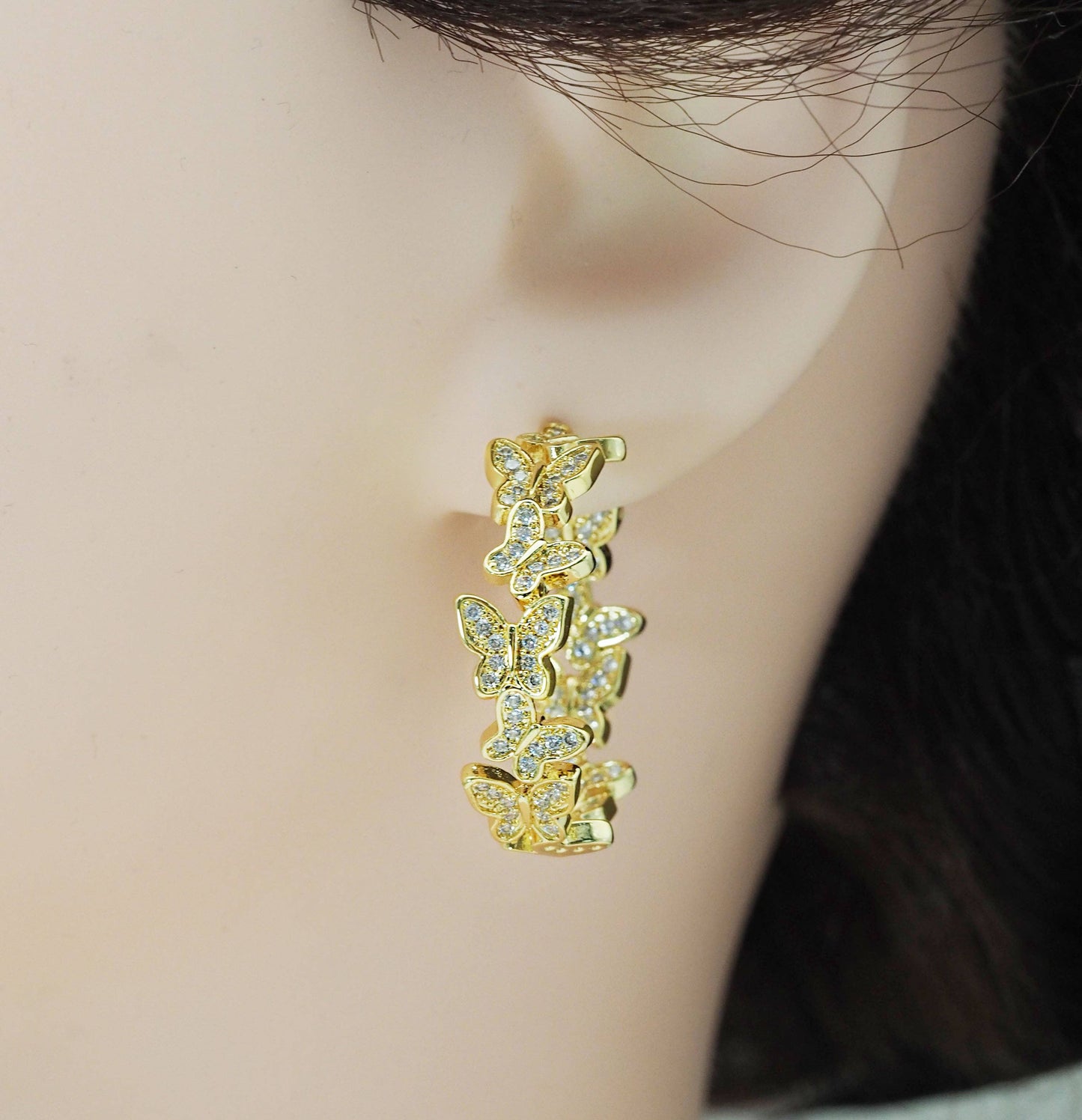 CZ Gold Butterfly Round Stud Earrings, Sku#J370