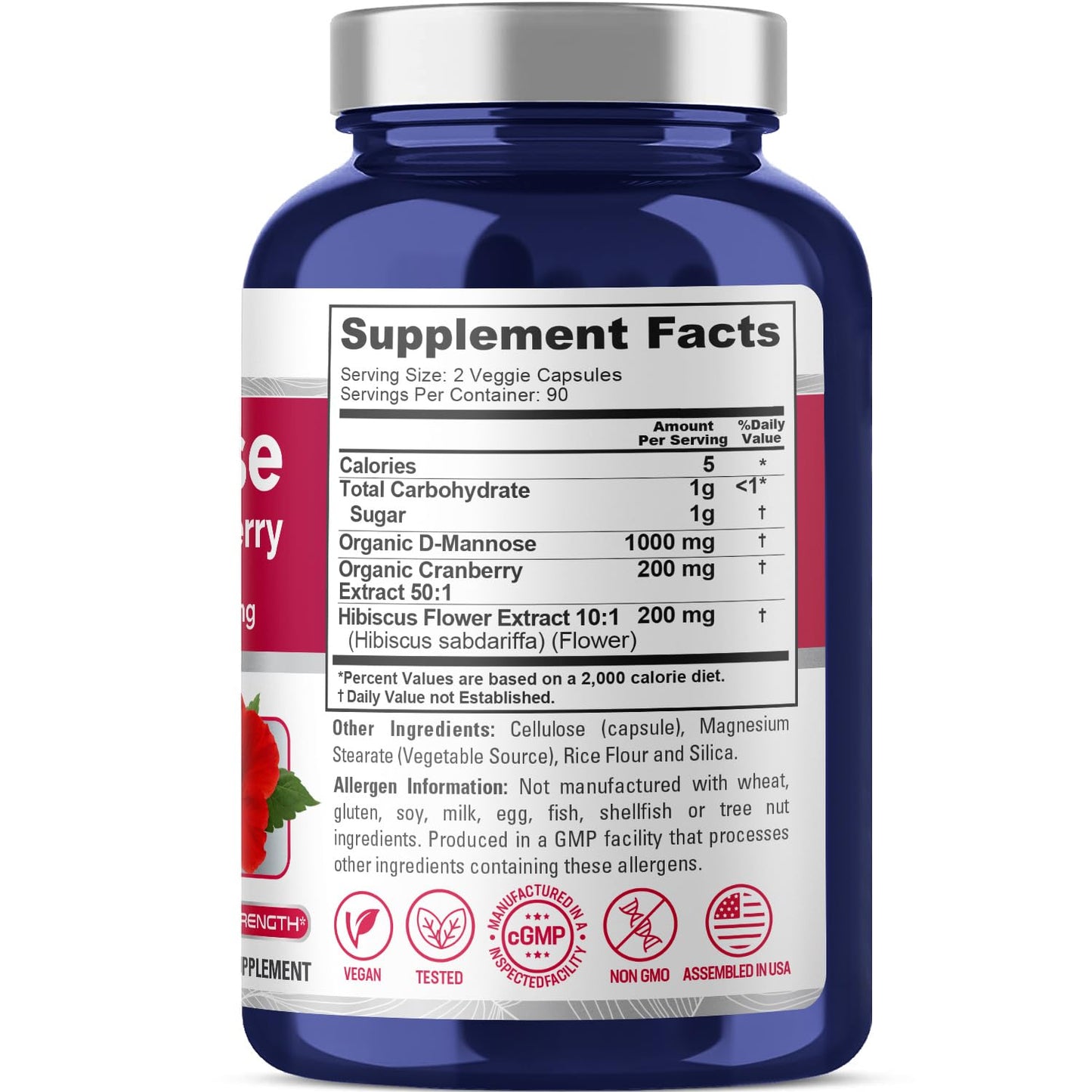 NusaPure D-Mannose Complex 1400 mg (with Hibiscus and Cranberry) - 180 Veggie Caps.