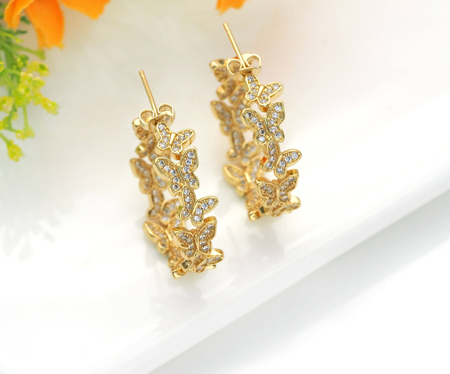 CZ Gold Butterfly Round Stud Earrings, Sku#J370