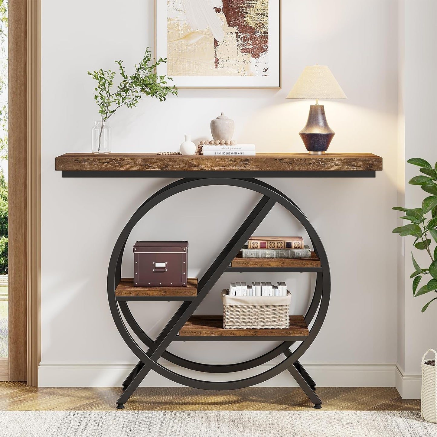 39.4" Industrial 4-Tier Entryway Console Table with Geometric Circle Frame