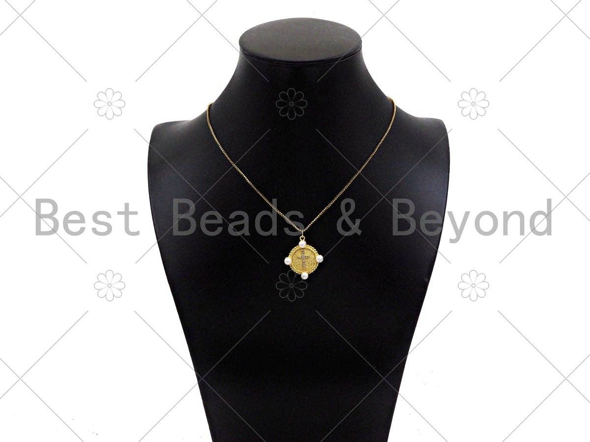 Gold Filled CZ Micro Pave Cross Medallion Pendant,18K Gold Filled Mother of Pearl Charm, Necklace Bracelet Pendant,25x23mm,Sku#LK348