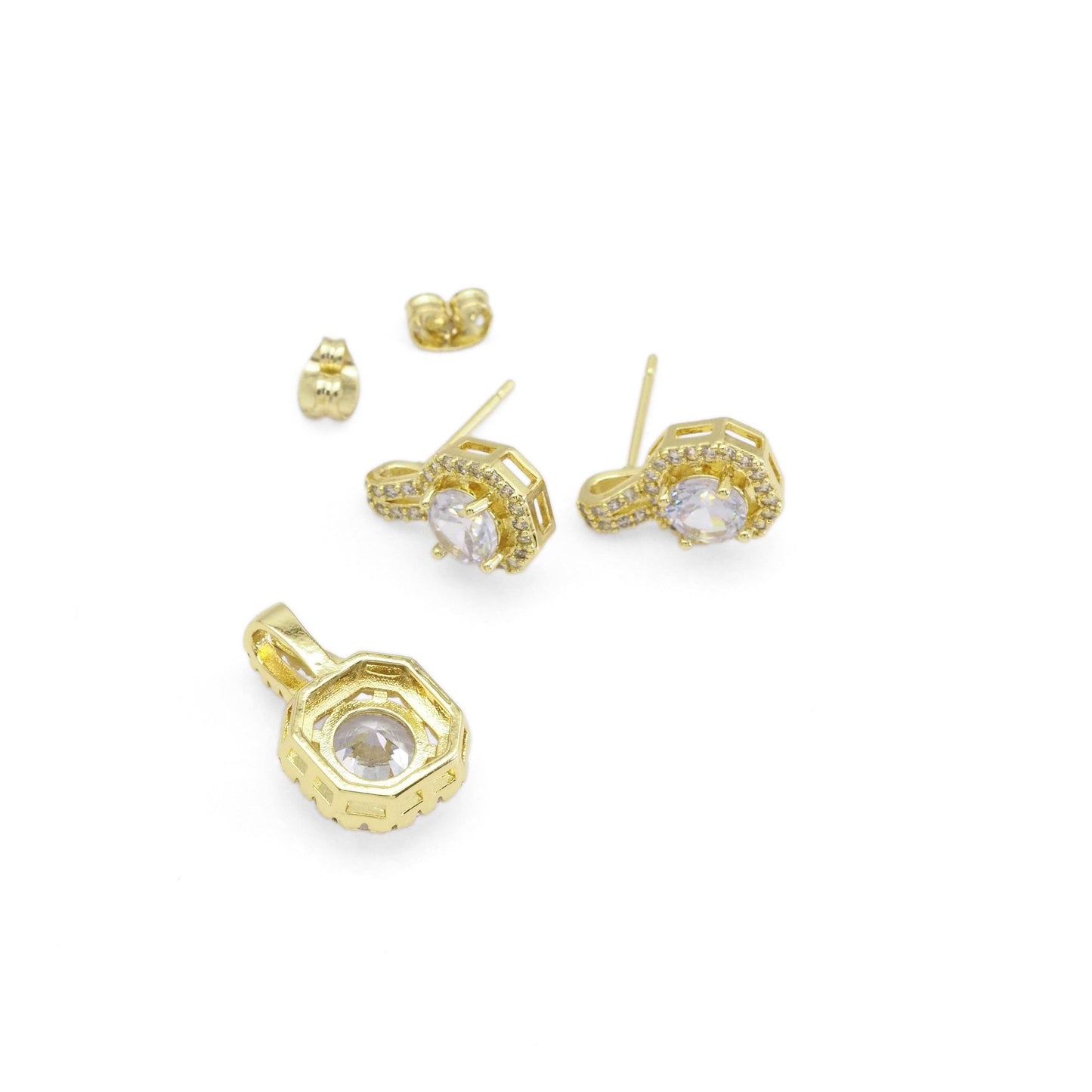 Clear CZ Round Square Gold Stud Earrings Pendant Necklace, Sku#LK904
