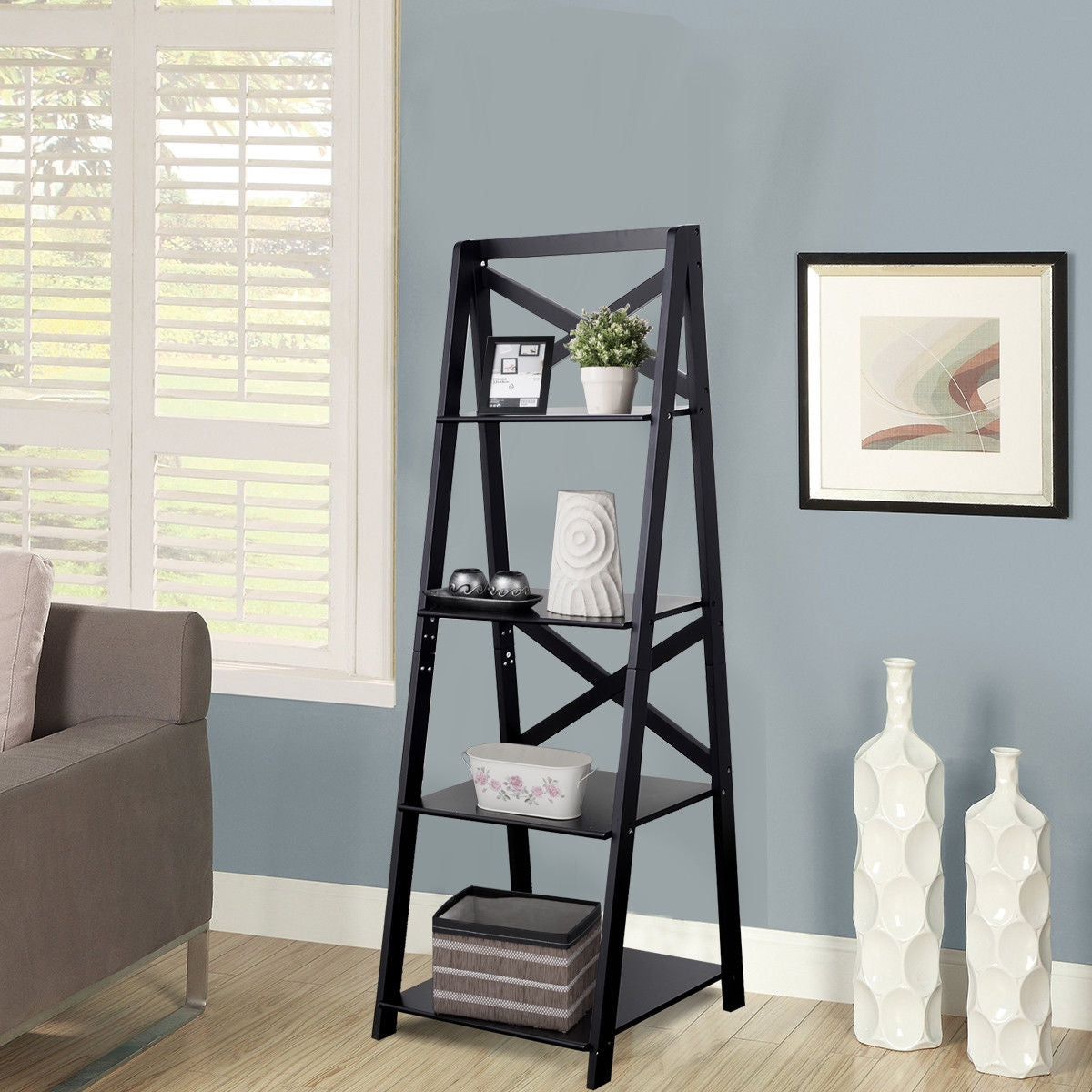 4-tier Leaning Free Standing Ladder Shelf Bookcase-White