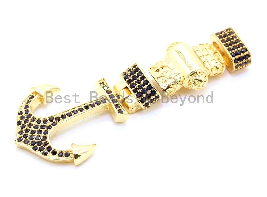 CZ Black Micro Pave Anchor Clasp Buckle for 3mm Leather Cord Bracelet, Anchor Lock, Men's Jewelry Charms,34x22mm, sku#F47