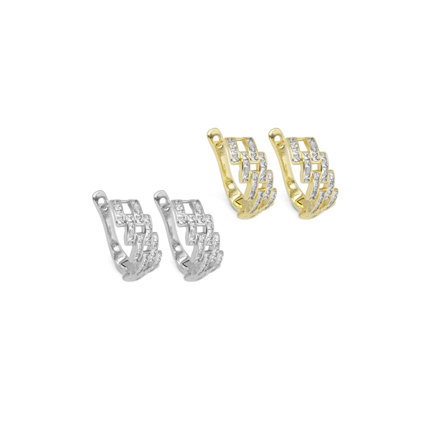 Gold Silver Baguette CZ Link Huggie Earrings, Sku#A144