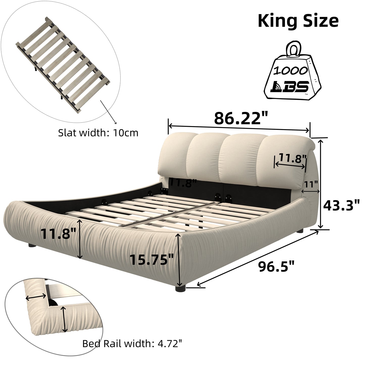 King Size Luxury Upholstered Platform Bed with Oversized Backrest