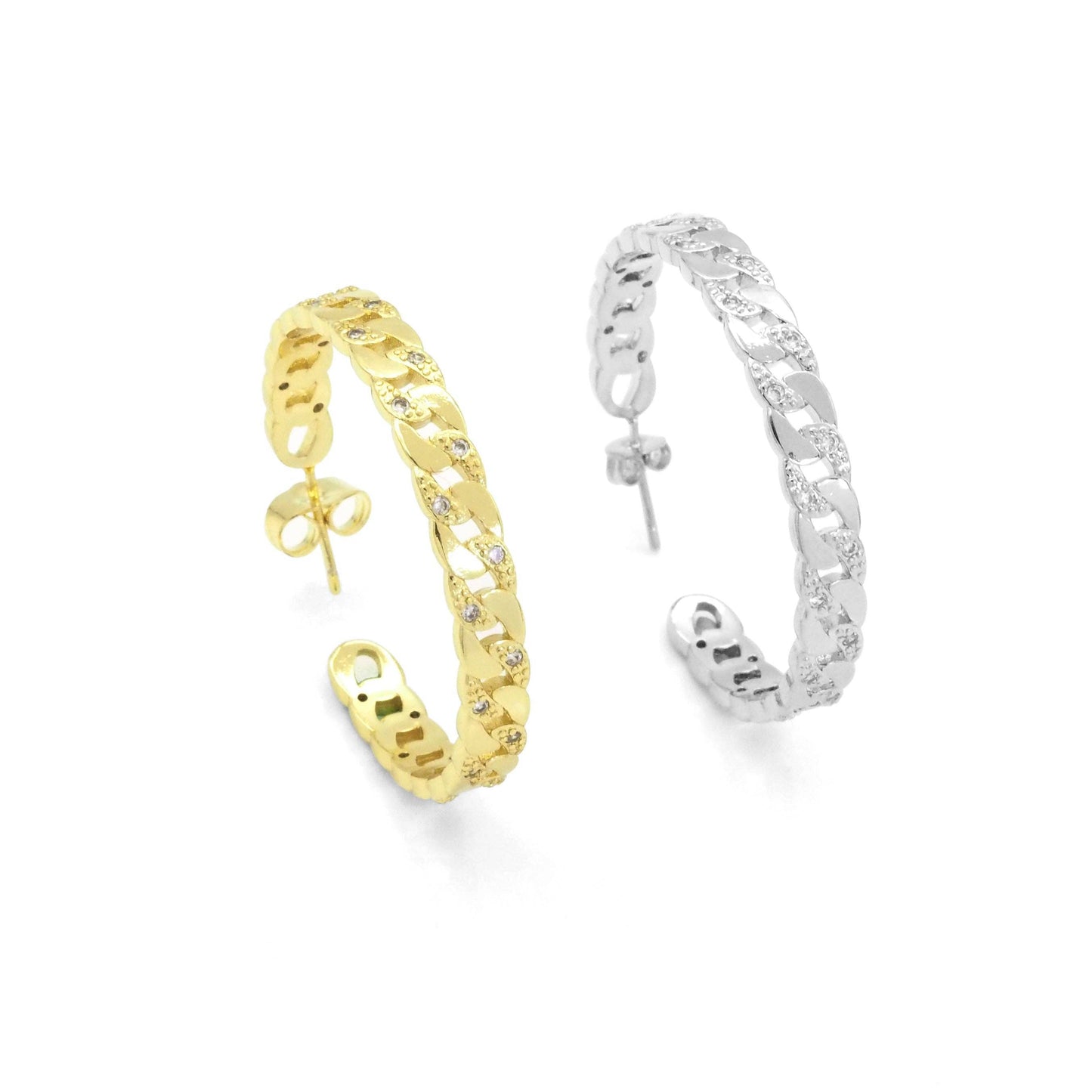 CZ Gold Silver flat cuban Link Hoop Earrings, Sku#LX220