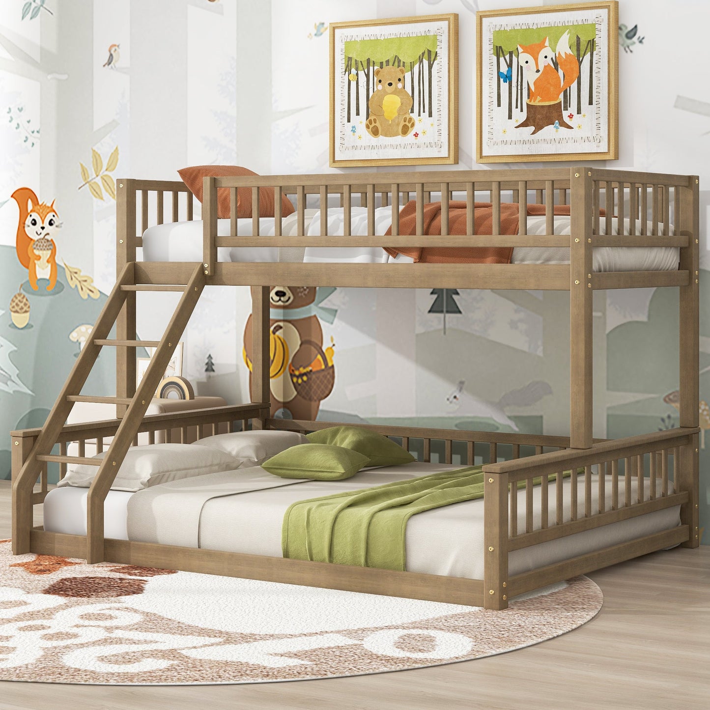 Twin XL Over Queen Bunk Bed with Ladder and Guardrails