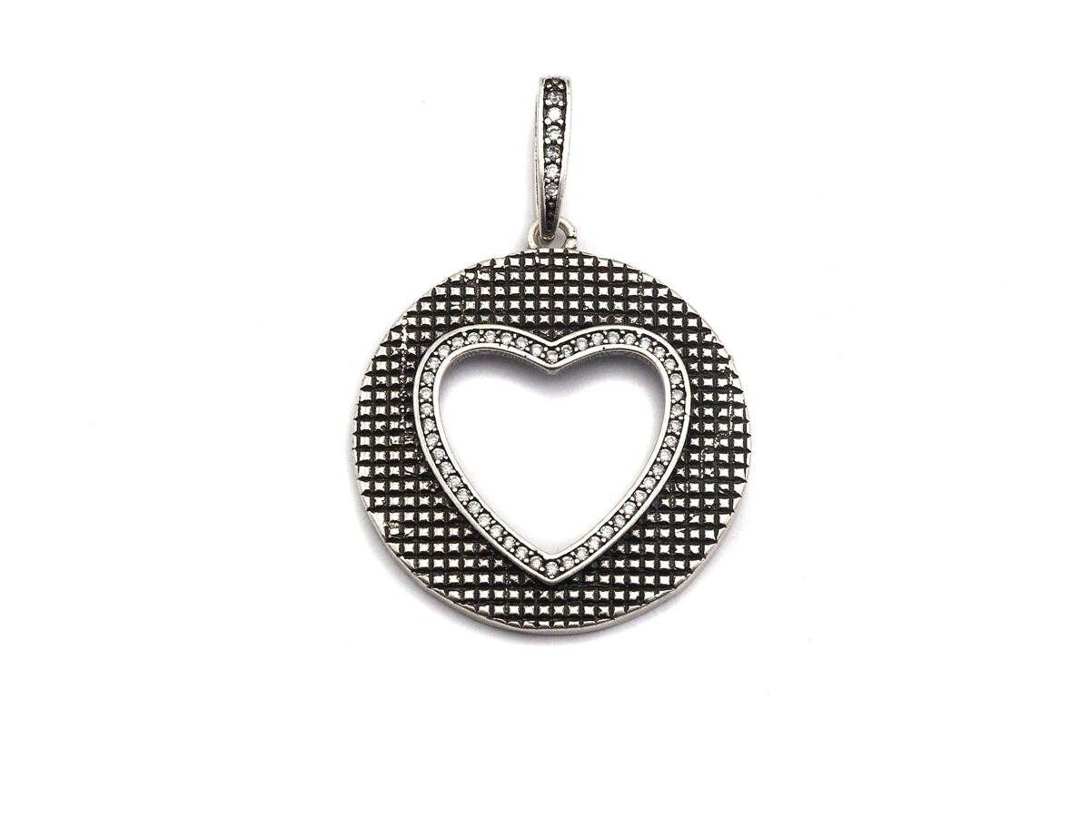 Antique Finish  CZ Micro Pave Hollow Out Heart Pendant, Silver Tone, 28x31mm,sku#F991C
