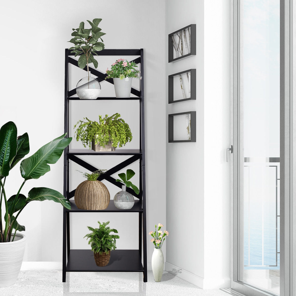 4-tier Leaning Free Standing Ladder Shelf Bookcase-White