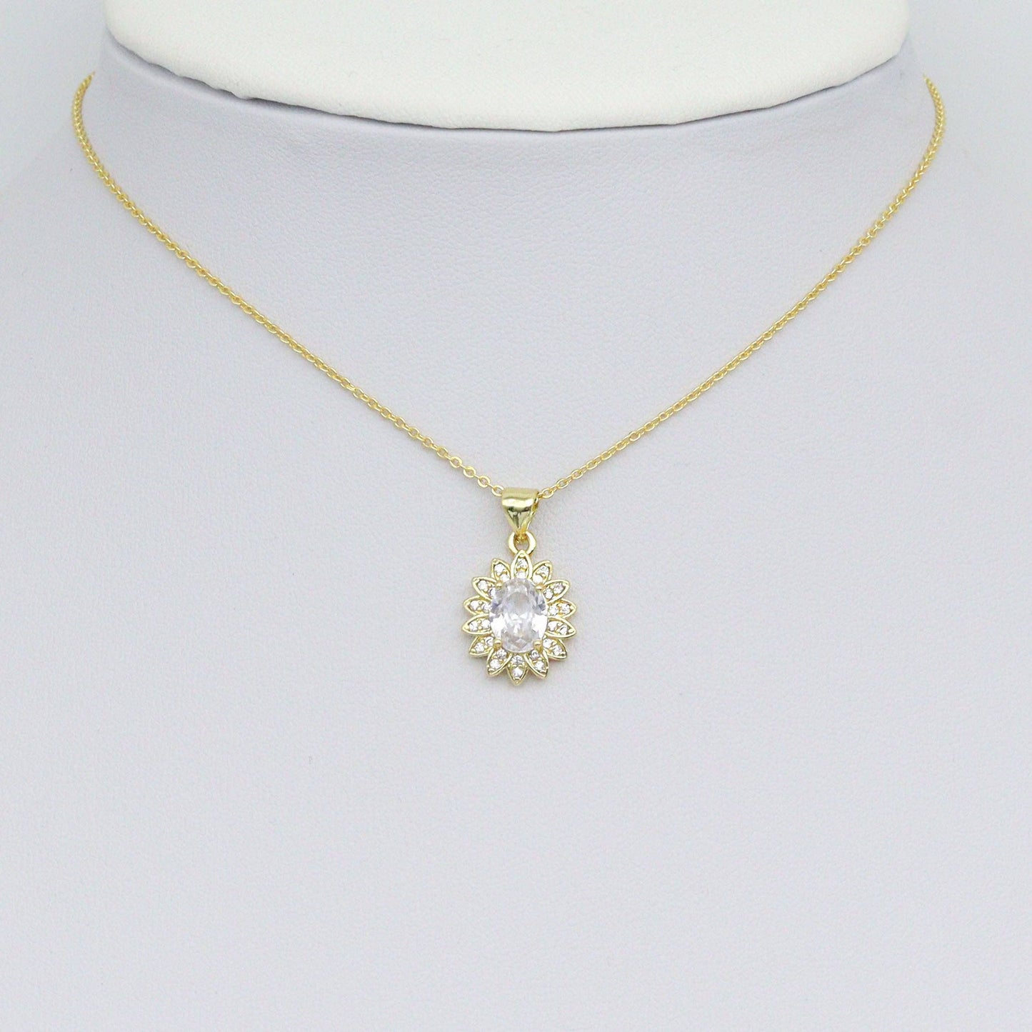 Clear Oval CZ Gold Flower Charm Pendant, Sku#LK1073