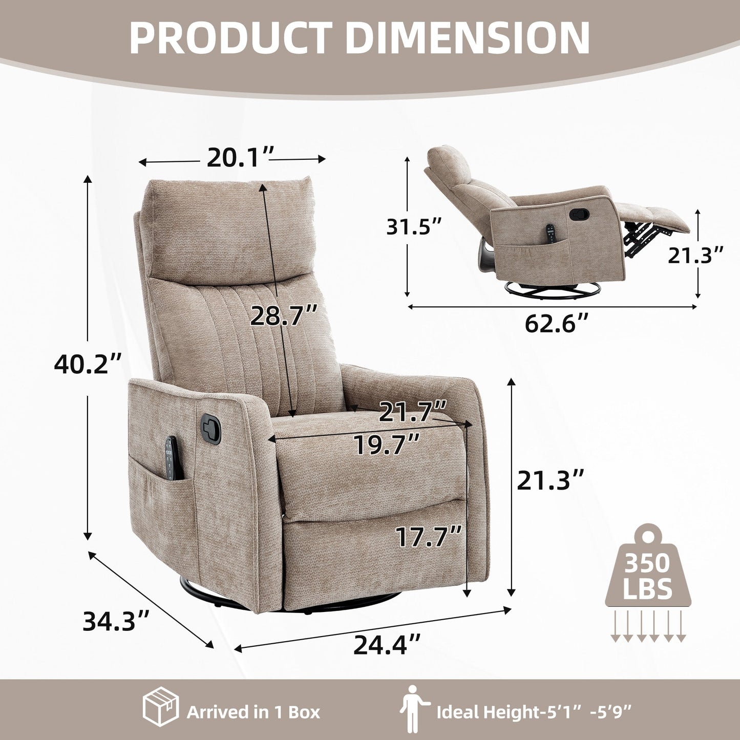Khaki Heat Massage Manual Recliner Chair