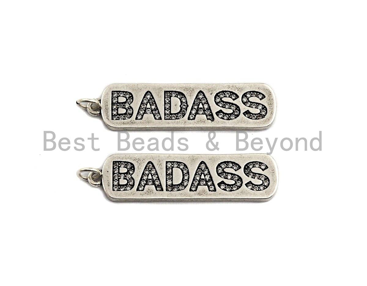 CZ Micro Pave Long Bar With Letter Pendant, Antique Silver Tone, Clear Cz Big Pave Bar Charm Pendant, 10x39mm,sku#F1013C