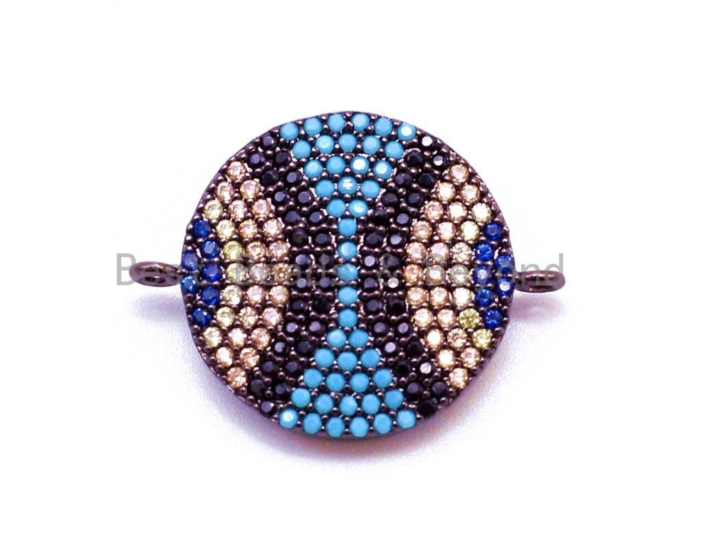 CZ Micro Pave Evil Eye Round Coin Connector for Bracelet Necklace, Cubic Zirconia Space Connector,18x24mm,sku#E5