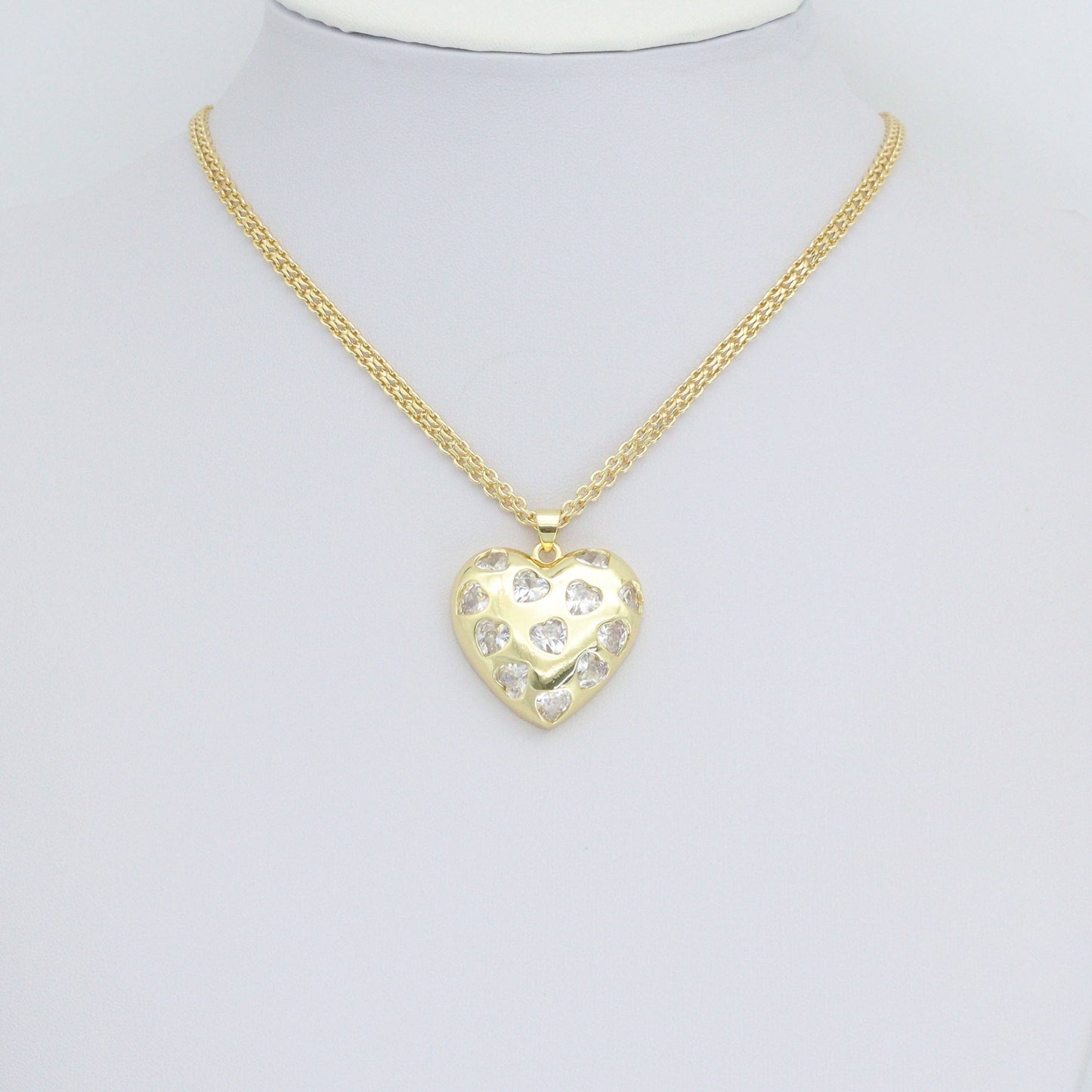 Clear CZ Gold Silver Heart on Heart Charm Pendant,Sku#LD714