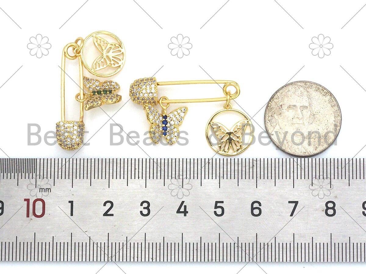 Colorful CZ Micro Pave Butterfly On Safety Pin Shape Pendant/Charm, 18K Gold Filled Charm, Necklace Bracelet Charm Pendant,8x30mm,Sku#F1409