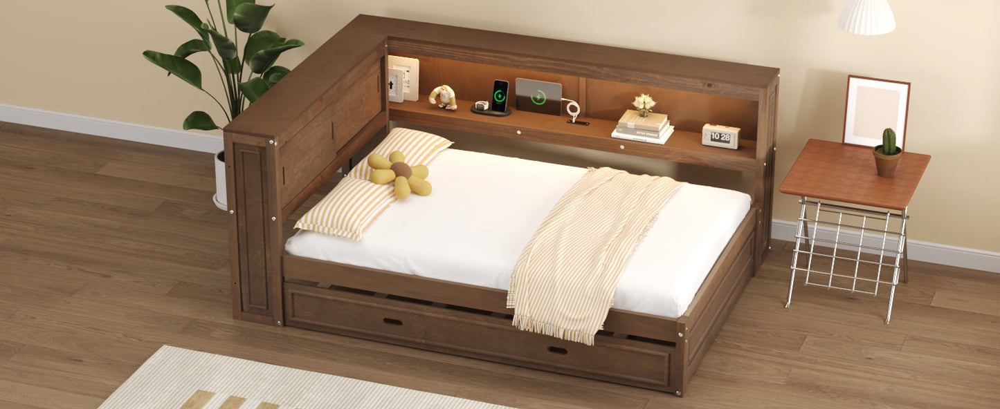 Full Size Wood Daybed with Storage Shelves, USB, LED, and Trundle