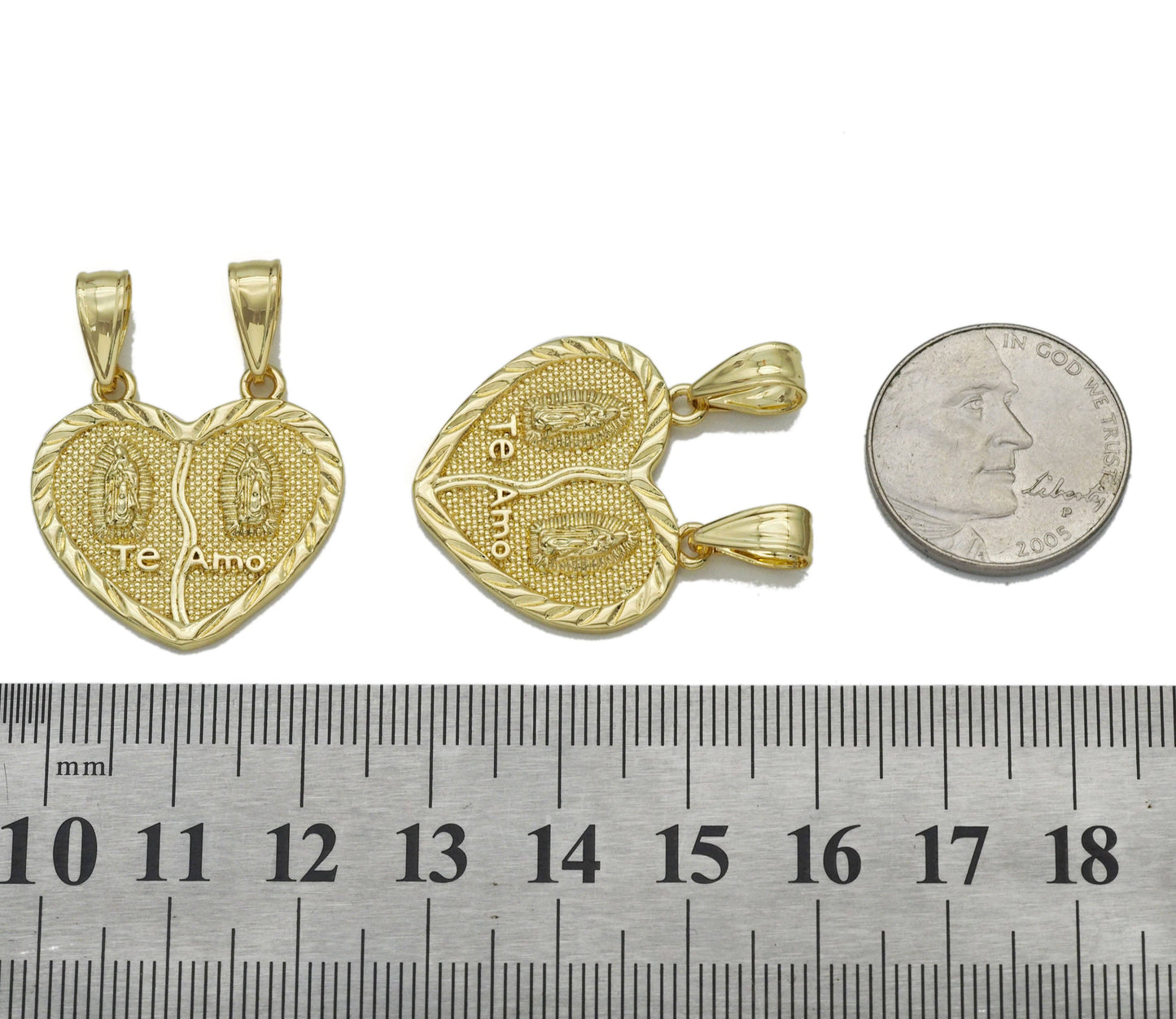 CZ Gold  Virgin Mary Te Amo Medallion Heart Charm, Sku#LK760