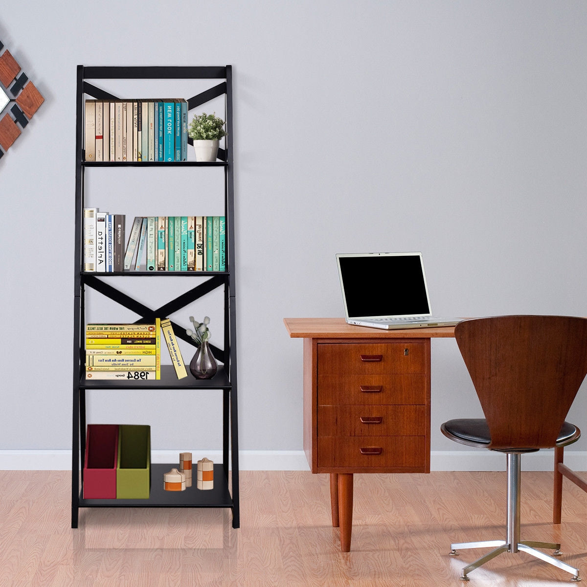 4-tier Leaning Free Standing Ladder Shelf Bookcase-White