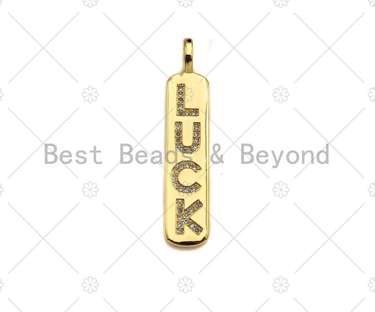 CZ Micro Pave Gold Bar LUCK Pendant, Cubic Zirconia Gold Strip Pendant, Micro pave Luck pendant, 9x43mm, sku#LK137